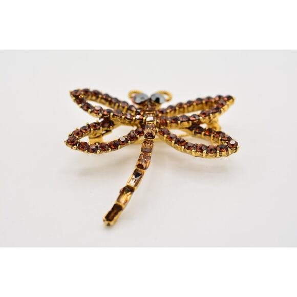 WM Vintage Dragonfly Crystal Pin Brooch Brown Rhinestone Gold Signed AS IS BinAJ - Picture 5 of 12